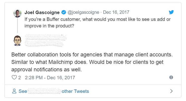 Screenshot of Buffer CEO Tweet asking an open ended question.