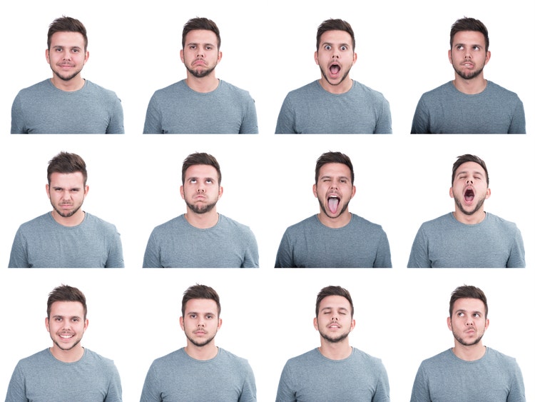 mosaic of expressions of young adult t on white background
