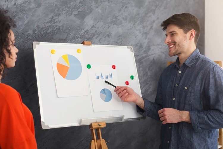 Young cheerful businessman giving presentation to colleague in board room. Two multiethnic partners discussing sales chart in office, copy space