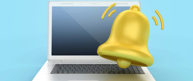 Notification Bell with Computer Laptop - Colored Background - 3D Rendering