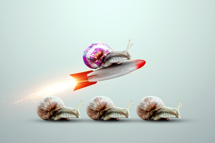 Uniqueness, a multi-colored snail takes off on a rocket against the background of snails. Competitive advantage, standing out from the crowd, thinking outside the box. 3D render, 3D illustration