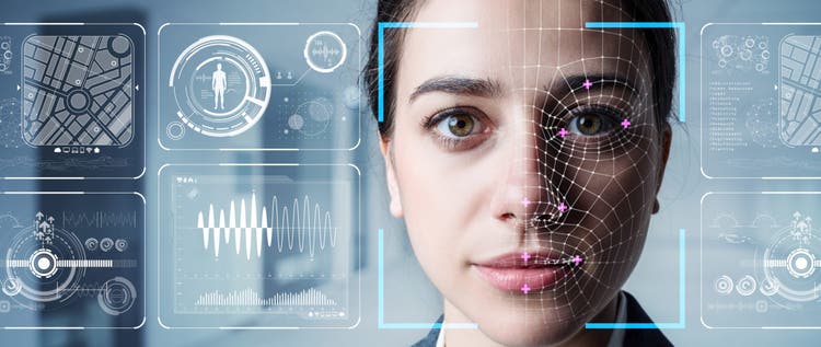 Woman's face surrounded by all data about her.