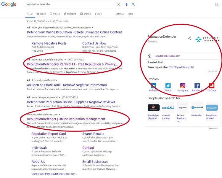 Screen shot of ReputationDefender's search results.