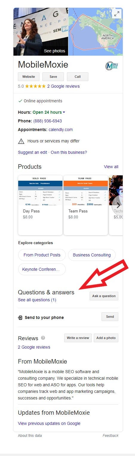 Screen shot of Mobile Moxie local knowledge panel with Q&A section highlighted.