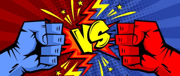 Fight of blue fist vs red fist in retro style. Comic cartoon vector.