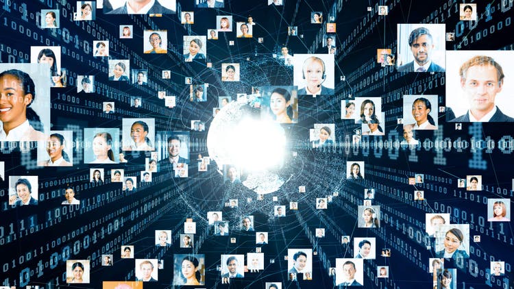 Numerous headshots of people displayed against black background with blue 1s and 0s indicating a web of information. Global communication network concept.