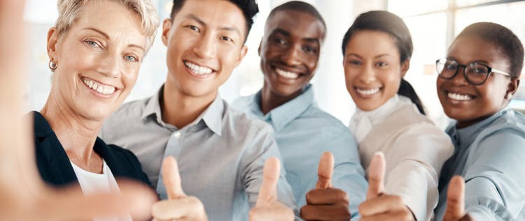 Thumbs up, thank you and happy business team with positive energy for motivation, professional success and corporate teamwork inspiration. Workers solidarity, collaboration and staff smile happiness
