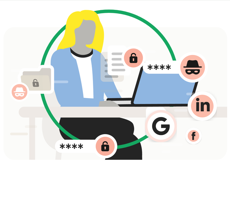 Person at a laptop with icons for passwords, padlocks, incognito mode, and social accounts, illustrating online privacy and data protection.