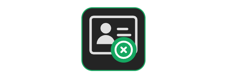 Icon of a user profile card with a green circle and white X, meaning removal or deletion of identity or profile information.