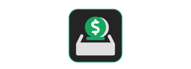 Green coin with a dollar sign dropping into a grey box, representing a deposit or financial contribution.