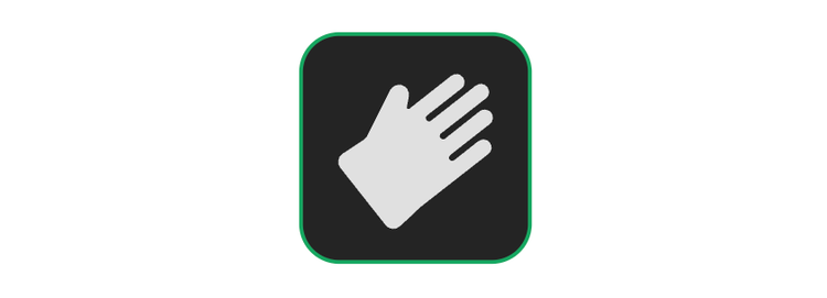 Icon of an open hand in a wave or stop gesture on a dark square with a green border.