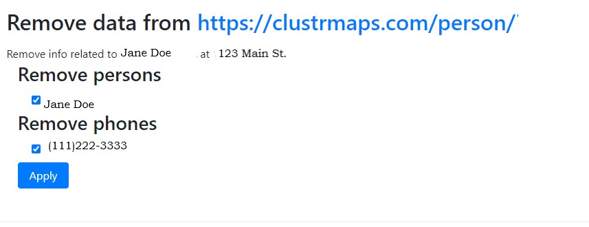 Screen shot of Clustrmaps removal confirmation form.