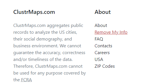 Screenshot of the bottom of ClustrMaps.com homepage showing Remove My Info in red
