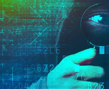 A human eyeball looks through a magnifying glass amidst computer code and imagery.
