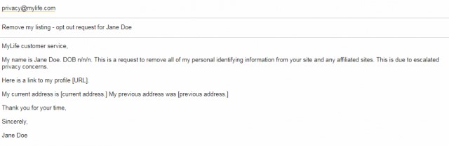 Sample mylife opt-out email