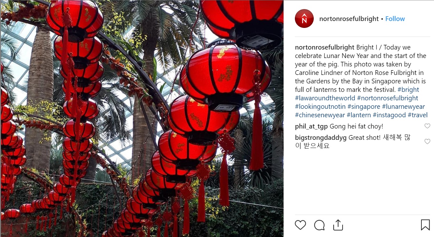 Norton Rose Fullbright's Instagram picture of hanging orange lanterns