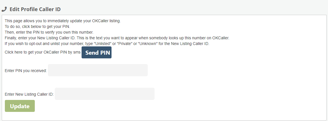 Screen shot of OKCaller Edit Your Listing dialog box.