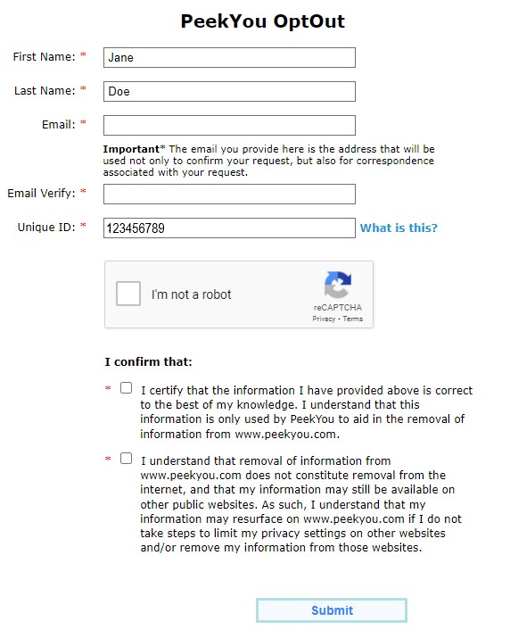Screen shot of PeekYou's final Opt Out form.
