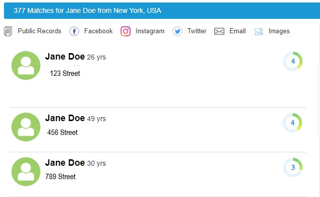 Screen shot of PeekYou's search results for Jane Doe.