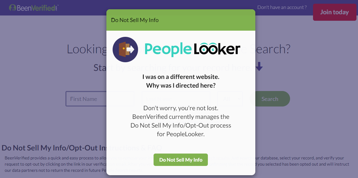 Screen shot of PeopleLooker redirecting to BeenVerified.