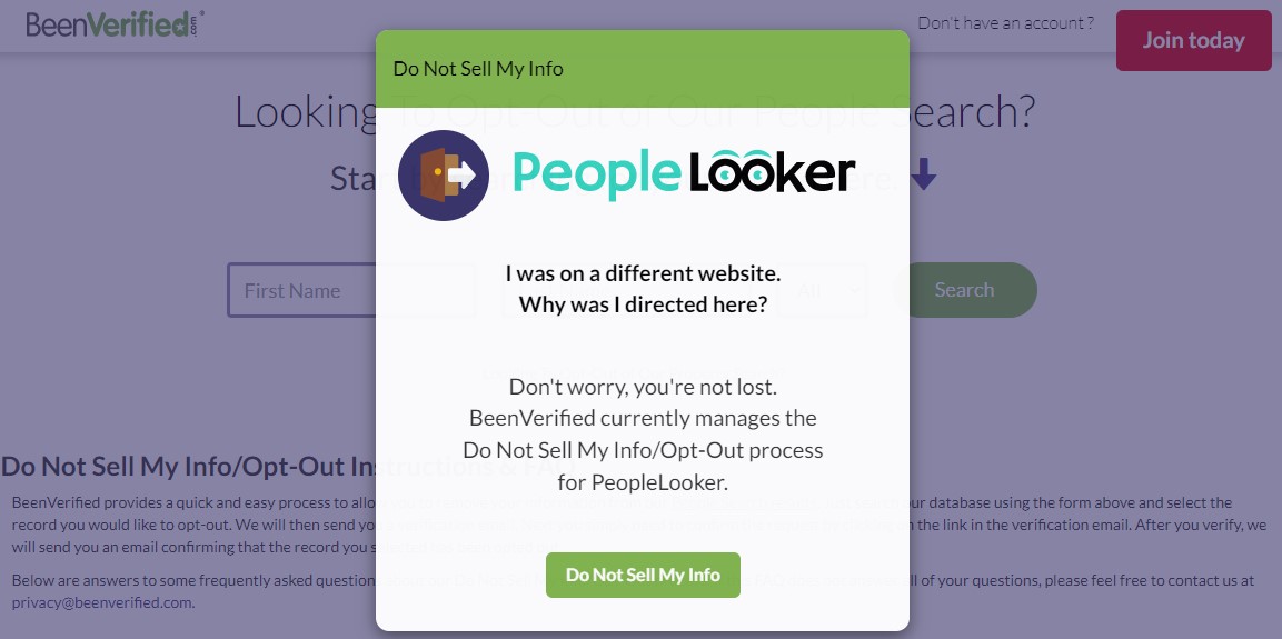 Screenshot of peoplelooker.com's BeenVerified popup