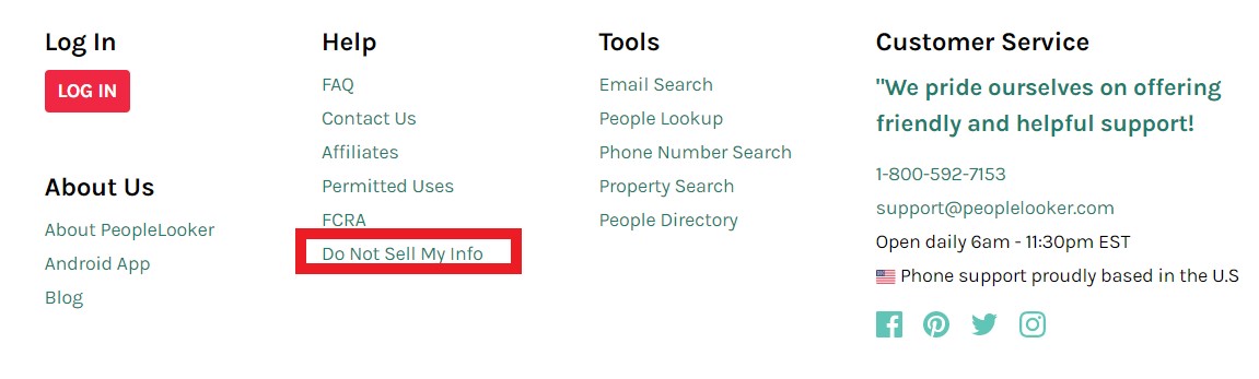 Screen shot of  the bottom of PeopleLooker's homepage with Do Not Sell My Info highlighted in red.