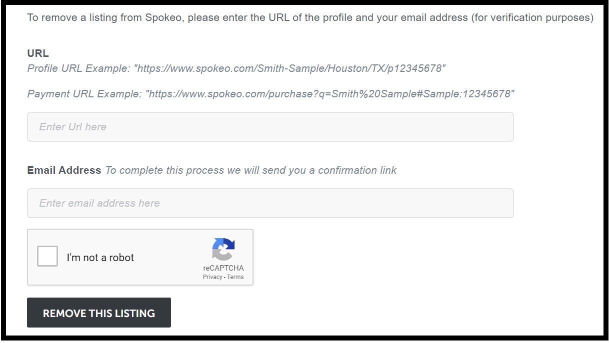 Screen shot of Spokeo's opt-out form