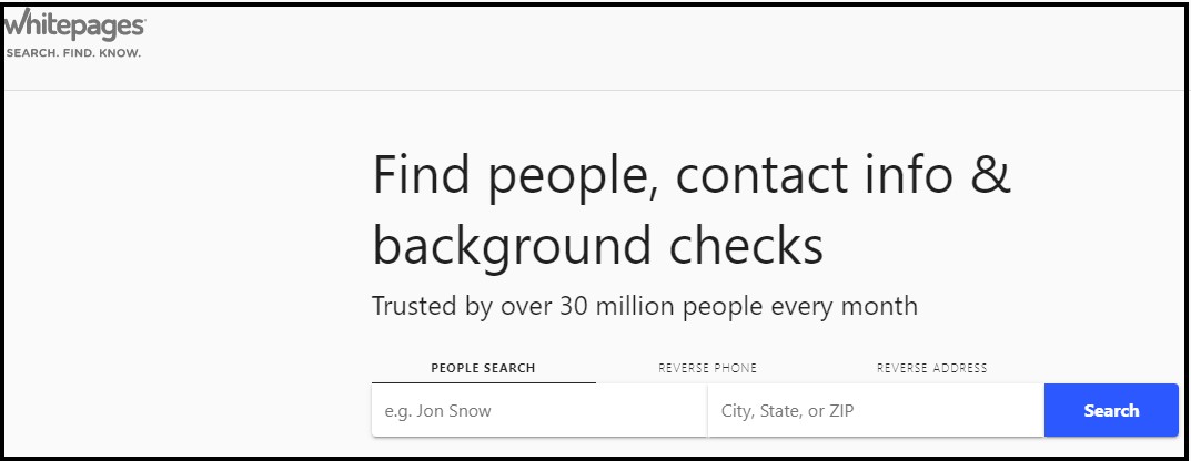 Screenshot of whitepages.com homepage