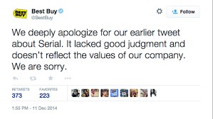 Screen shot of Best Buy tweet apologizing for a tweet about Serial.