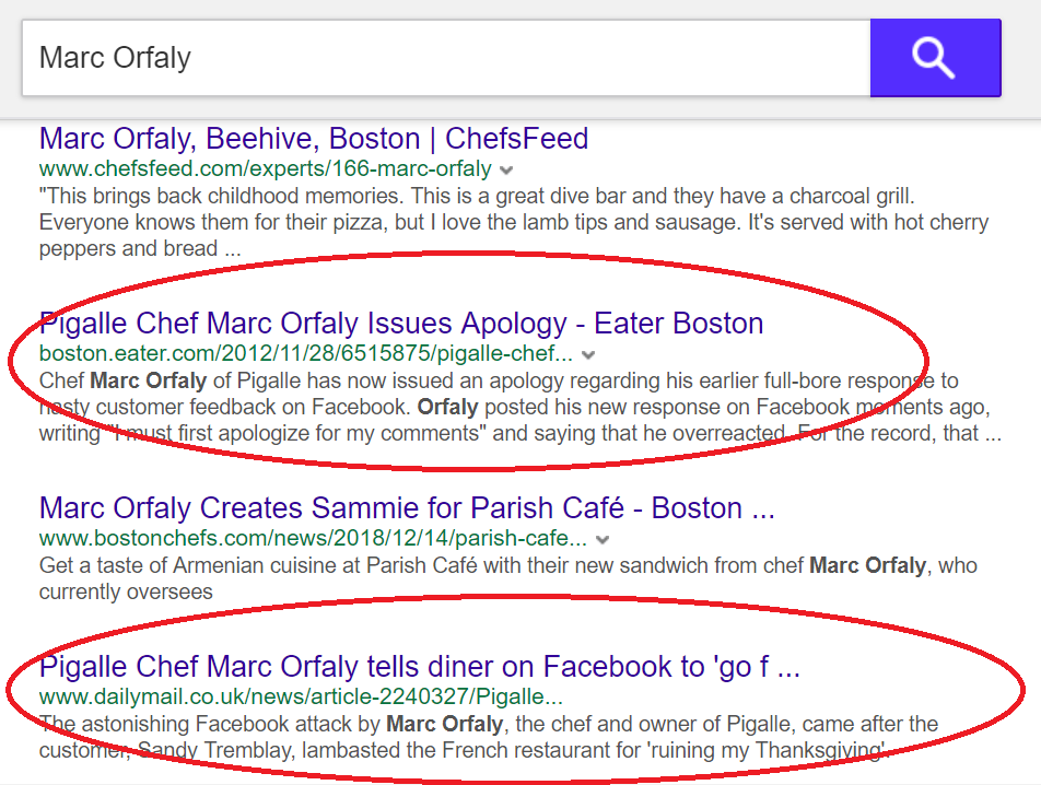 Screenshot of Marc Orfaly's search results