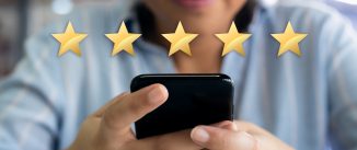 5 star customer experience satisfaction score with gold stars and satisfied customer filling in business survey