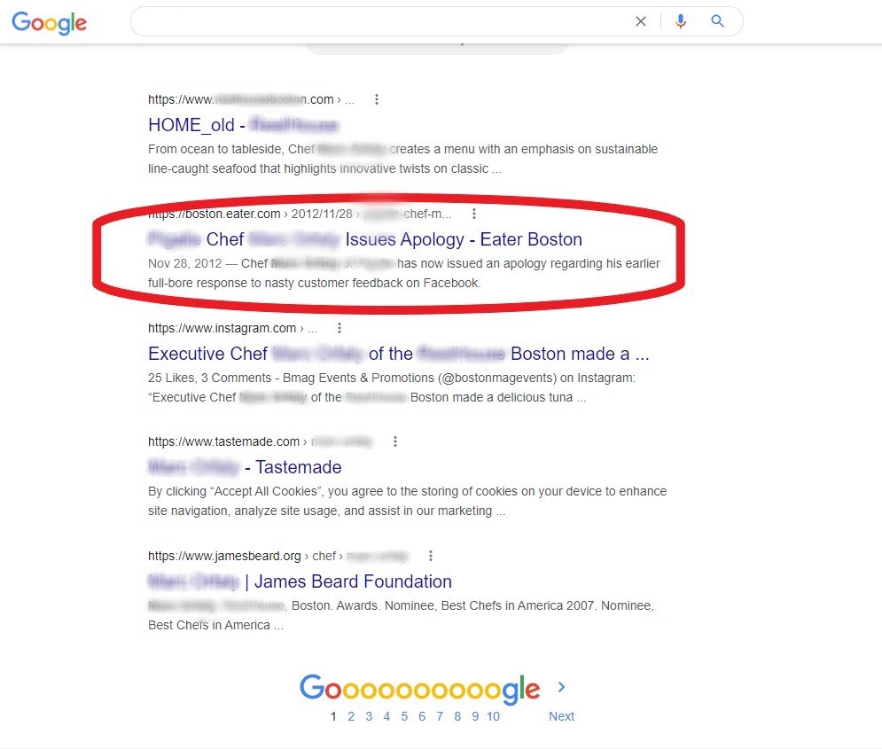 Screenshot of search results for a chef in Boston