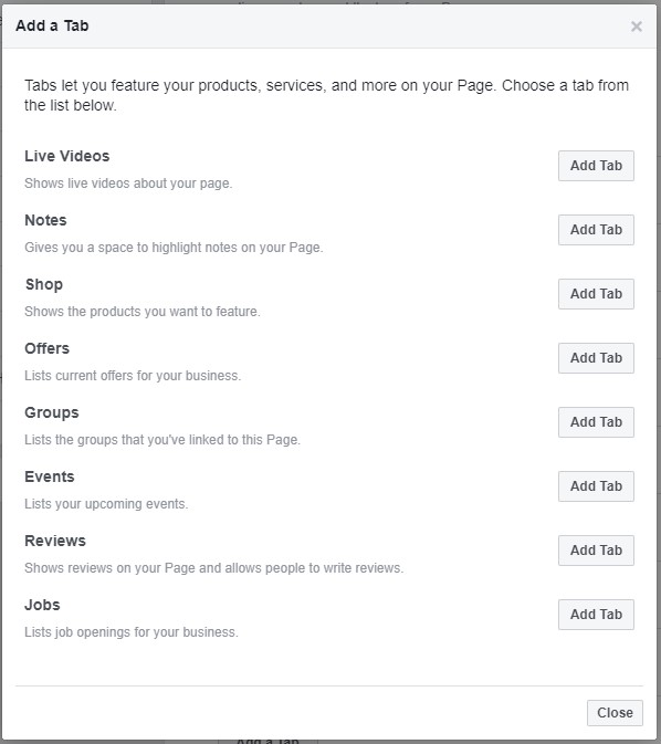 Screenshot of Facebook's Add a Tab page