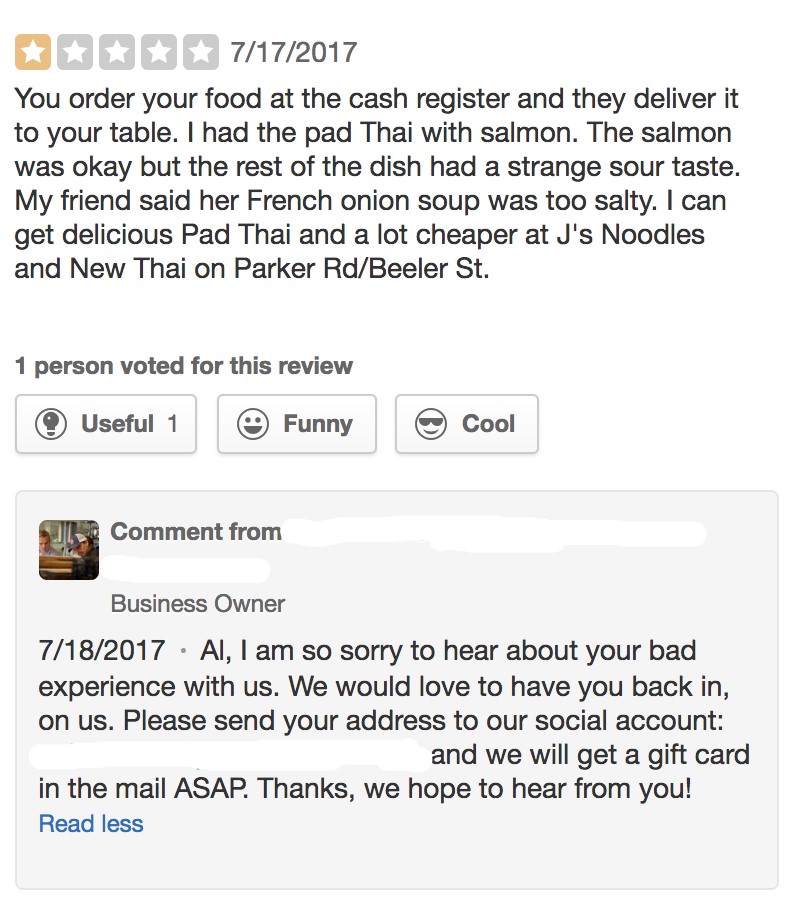 Screenshot of negative restaurant review complaining about food.