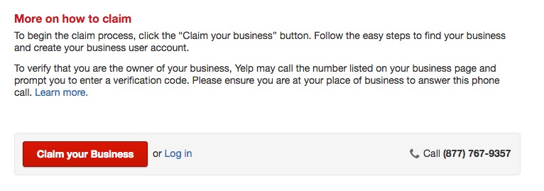 Screenshot of Yelp claim your business page