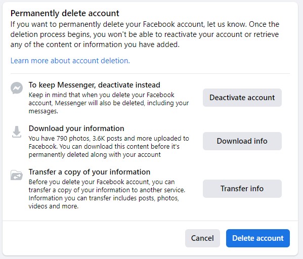 Screenshot of Facebook's Permanently Delete Account page