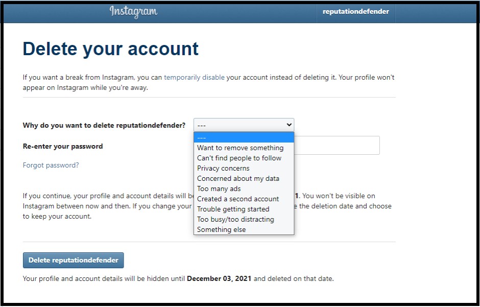 Screen shot of Instagram's Delete Account page