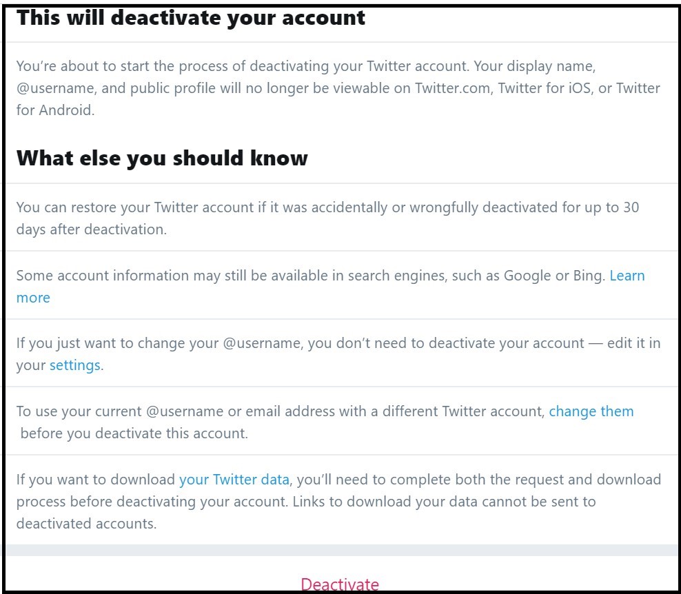 Screenshot of twitter delete account page