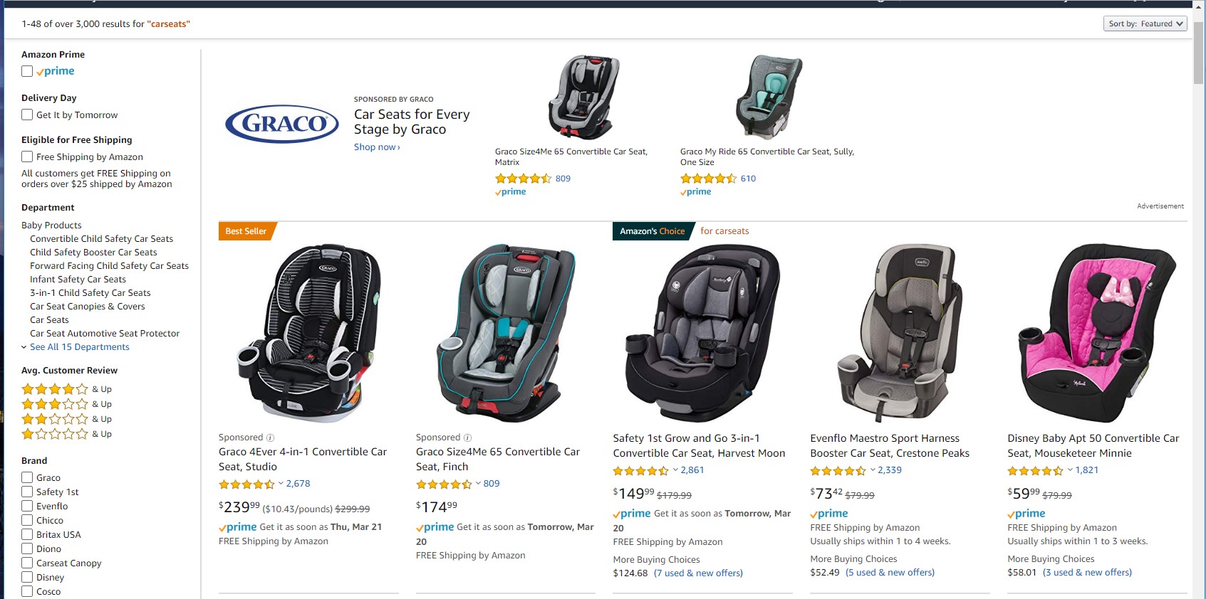 Screenshot of Amazon car seats page.