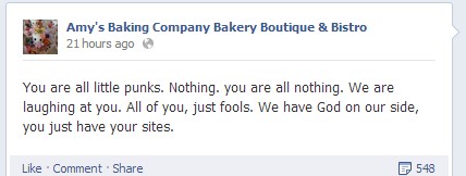 Screenshot of Amy's Baking Company Facebook post
