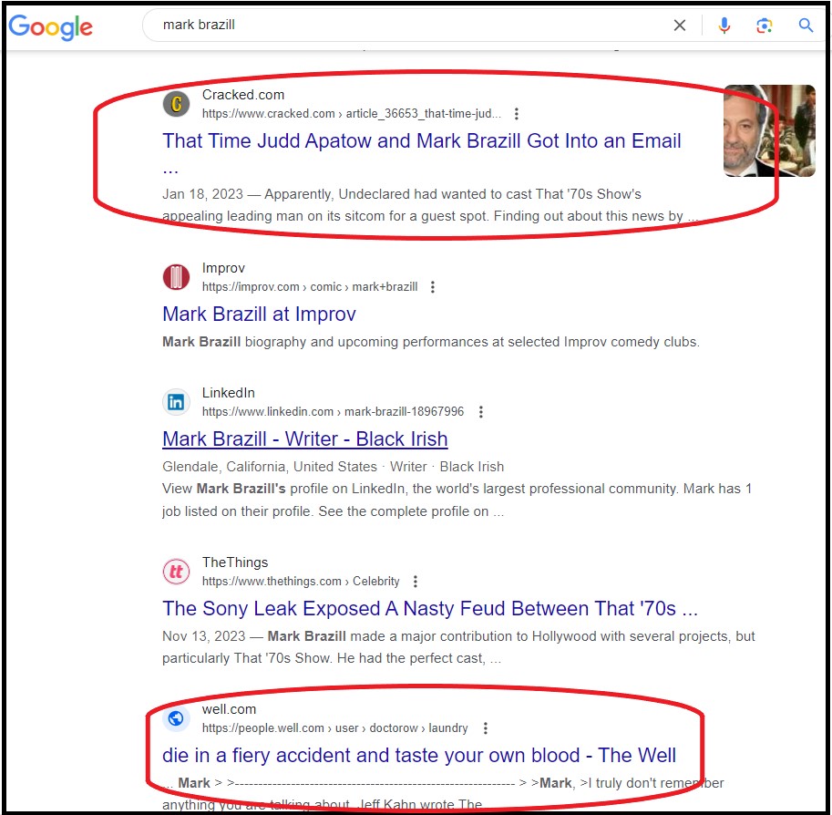 Screenshot of Mark Brazille's search results with two items circled in red
