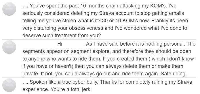 Screenshot of deleted strava comments from two Australian cyclists