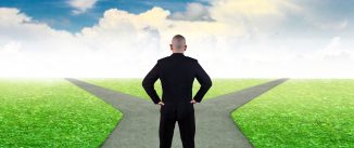 Business decision concept. Businessman confuse to choose the right direction. Future, direction development, goal, success