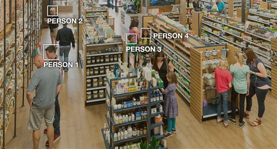 Picture of store showing Amazon's Rekognition software identifying faces.