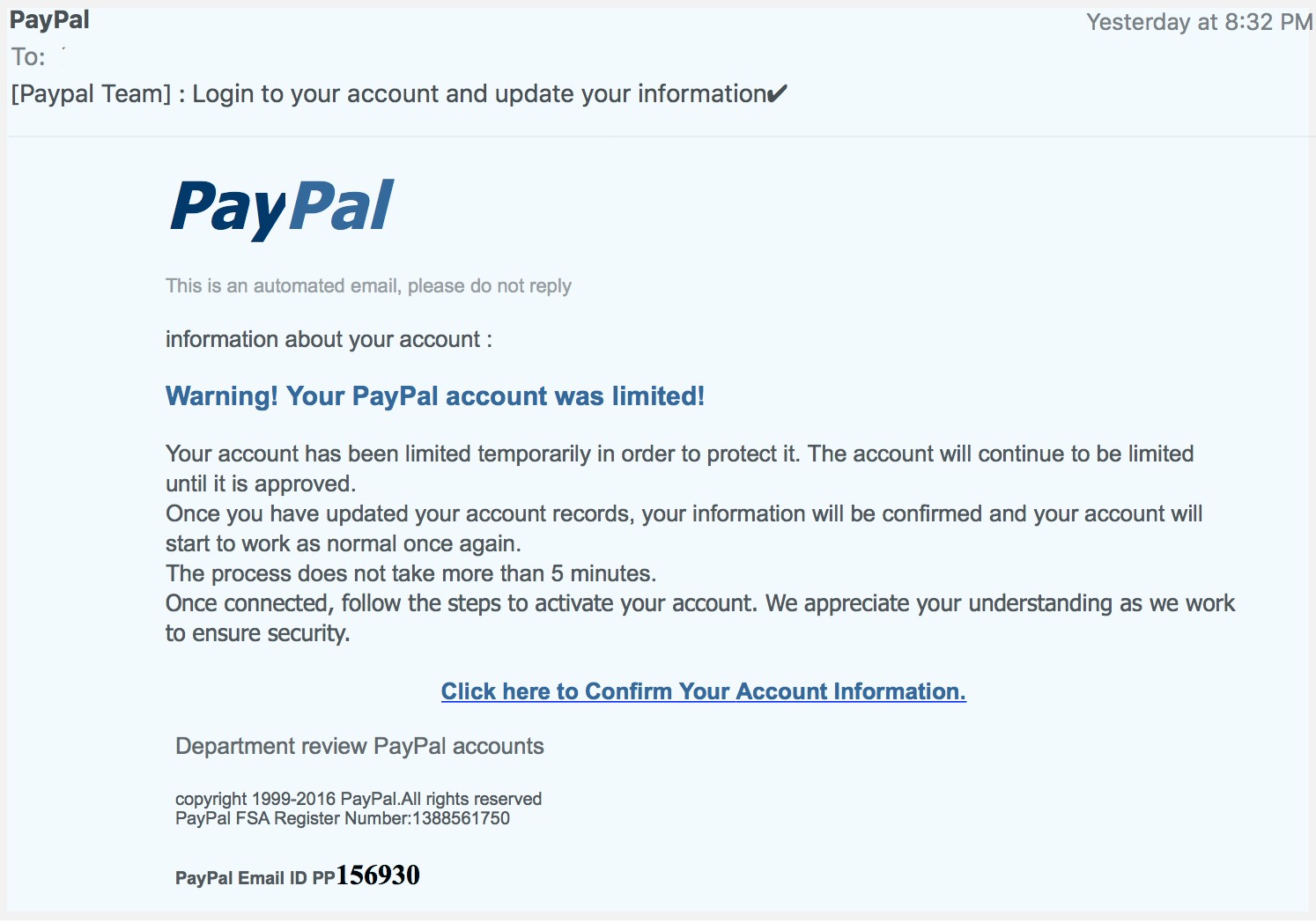 Screenshot of a PayPal phishing email.