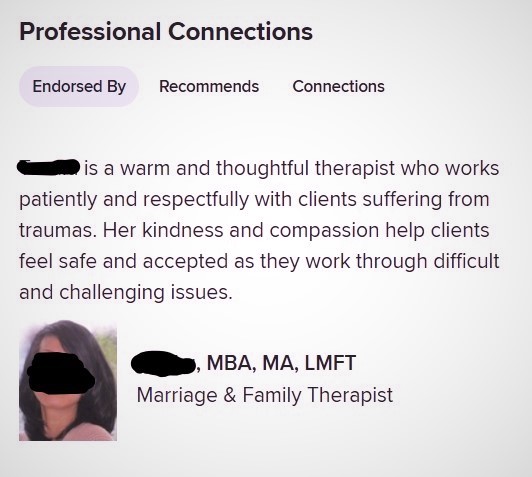 Screenshot of therapist endorsement