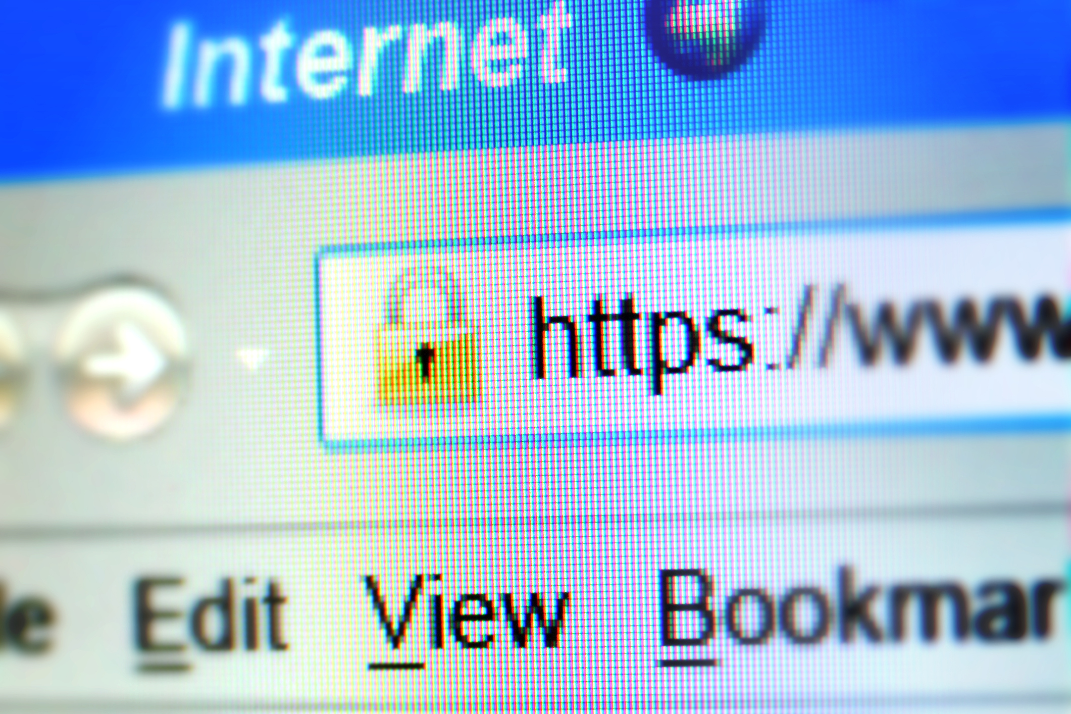 Double symbol of a secure Internet connection: the padlock and S letter on https. Computer screen with selective focus on RGV pixels visible.