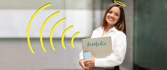 Professional woman standing holding a portfolio and a cellphone. She has a yellow halo around her head and yellow wave-lines emanate from the portfolio.