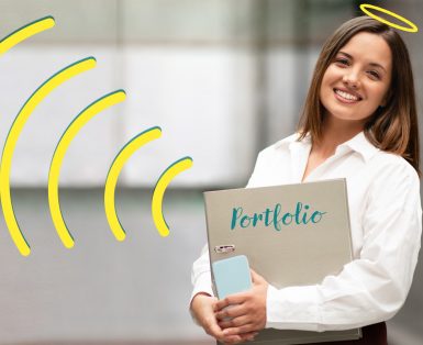 Professional woman standing holding a portfolio and a cellphone. She has a yellow halo around her head and yellow wave-lines emanate from the portfolio.