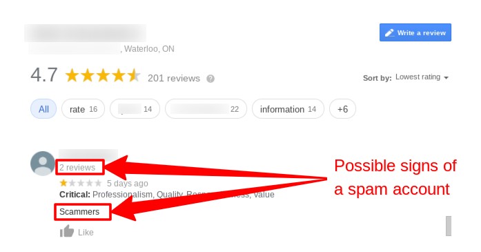 Screenshot of a fake Google review